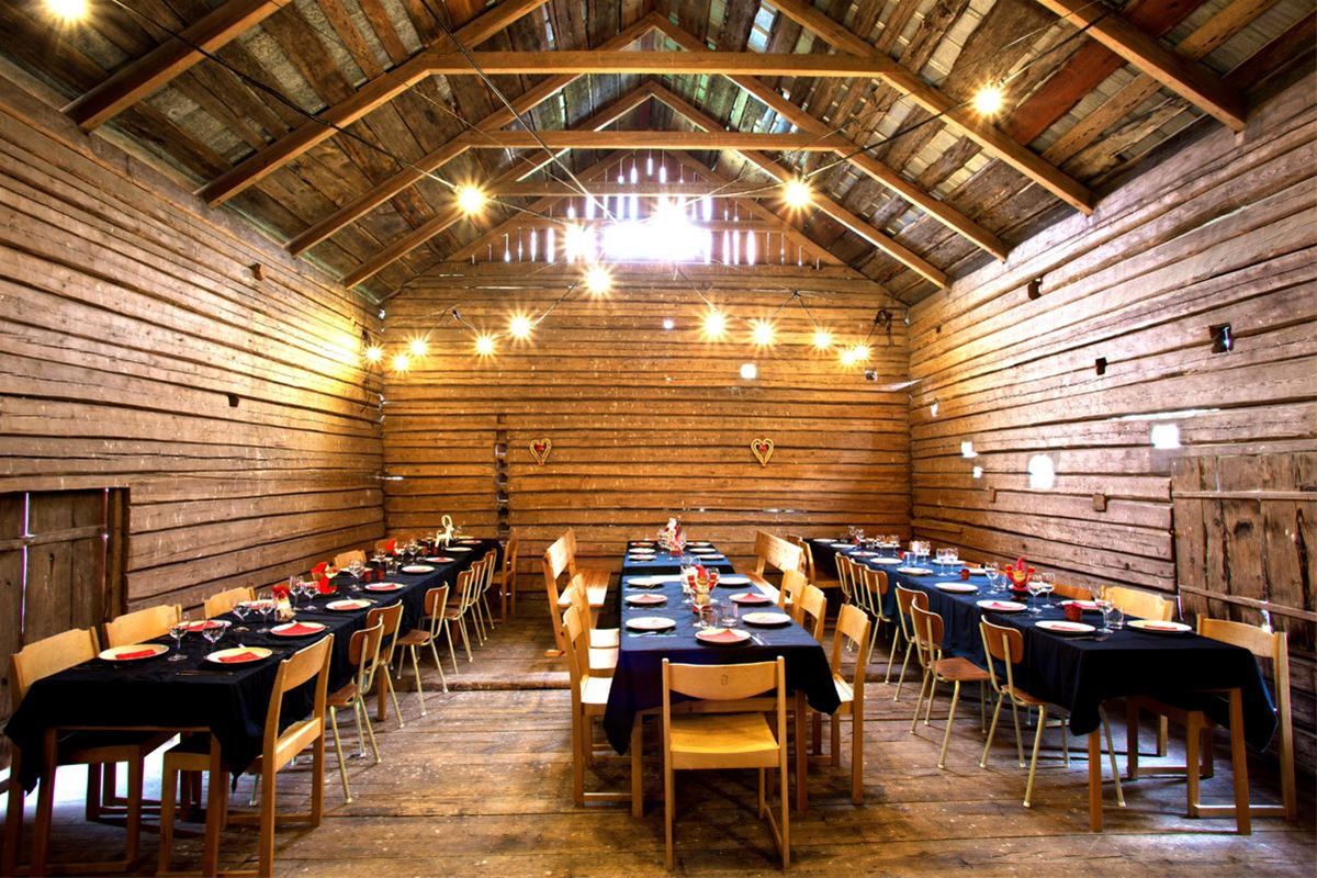 A room in the barn prepared for party.