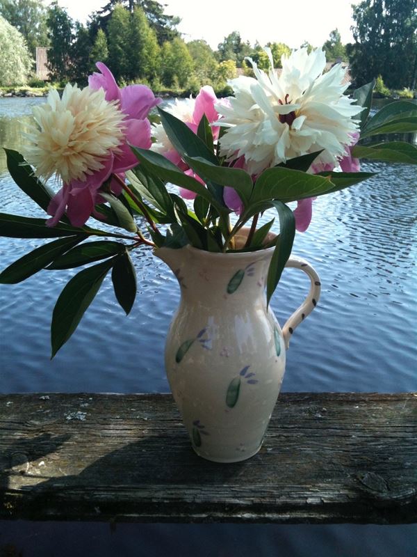 Ceramic vase with white and pink flowers, water in the background.