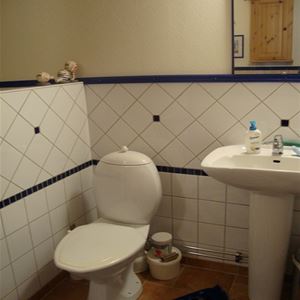 Toalett och handfat med halvkaklatd vägg.