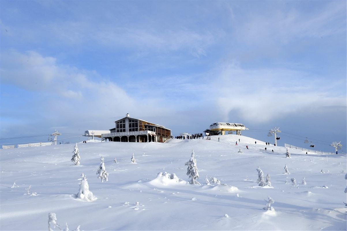 Exterior picture of a restaurant, lots of snow