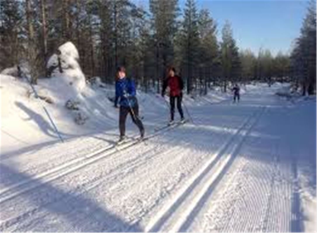 Två klassiska spår för längdåkning, tre åkare i ena åkriktningen