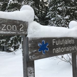 Skylt som det står Fulufjällets nationalpark.
