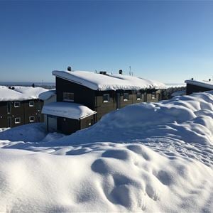 Cottages with snow of the roof.