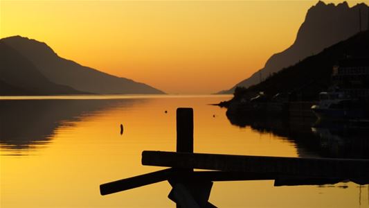 Fjord i midnattsol