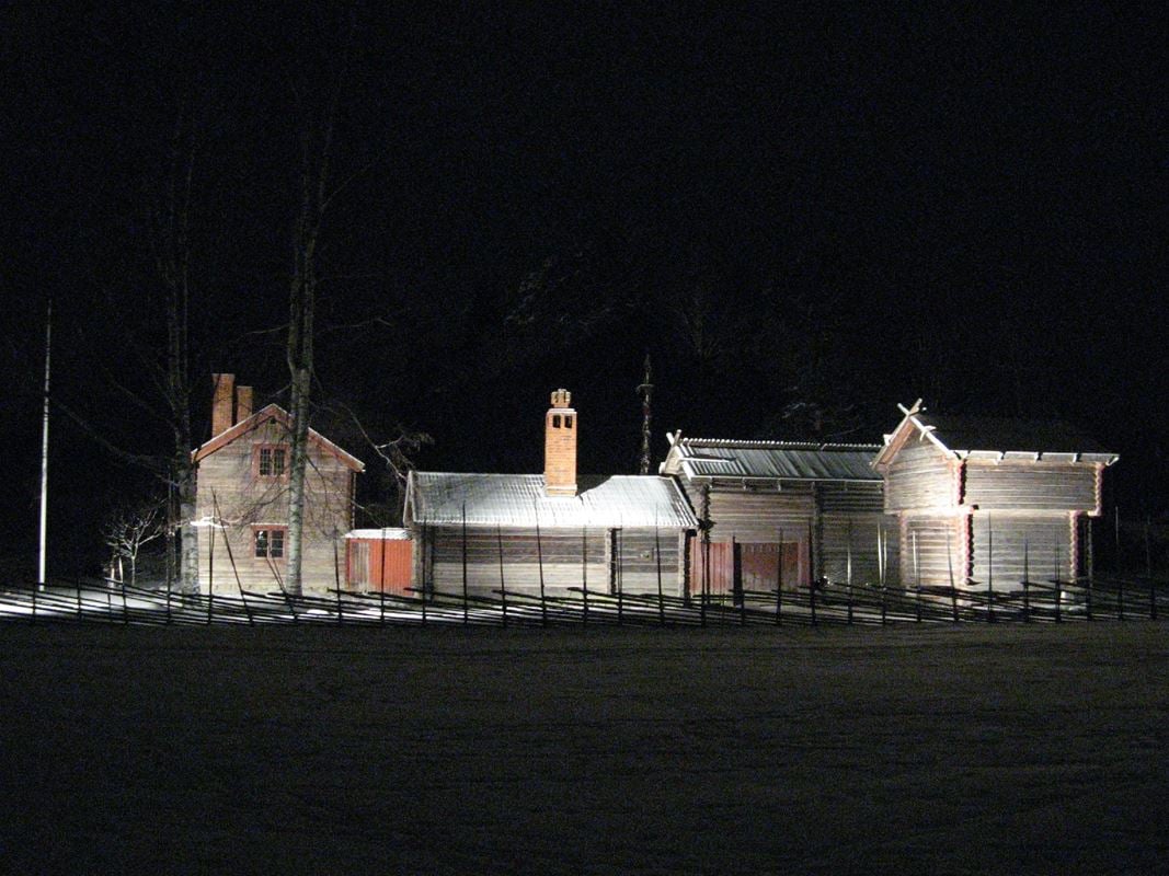 The open air museum lit up in the evening.
