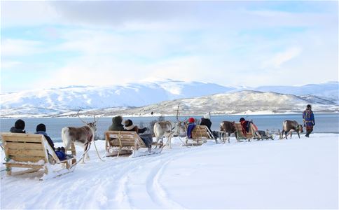 Folk på sleder trukket av reinsdyr i snødekt landskap ved vann og fjell.