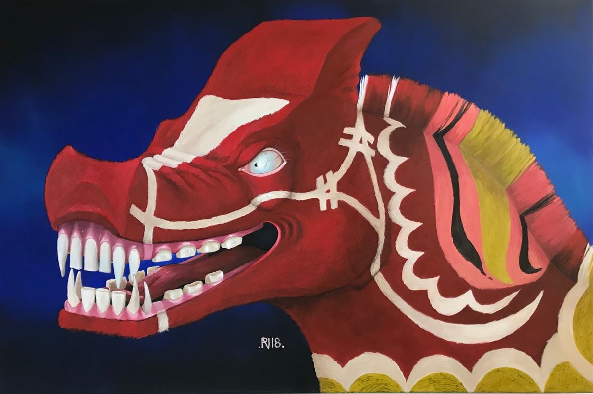 Dala horse painted with teeth.