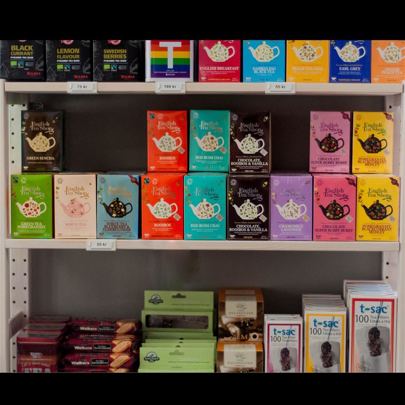 Different tea packages in one shelf.