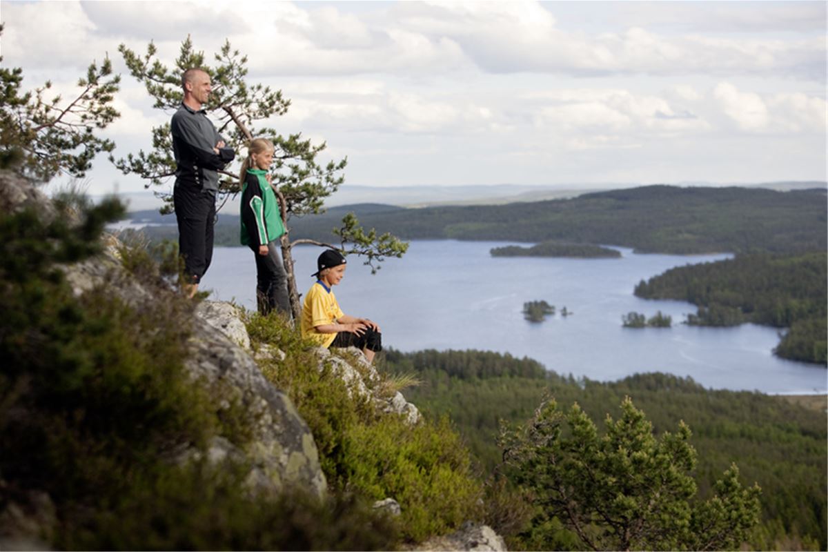 Utsikt från Ärtknubben, en man och två barn som tittar ut över landskapet.