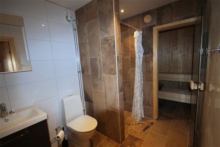 Bathroom with an entrance to the sauna.
