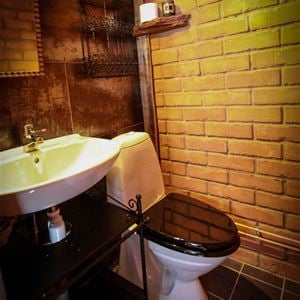 A toilet with a brick wall and another wall with large rust-colored tiles. 