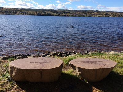 Two stones in front of a lake.