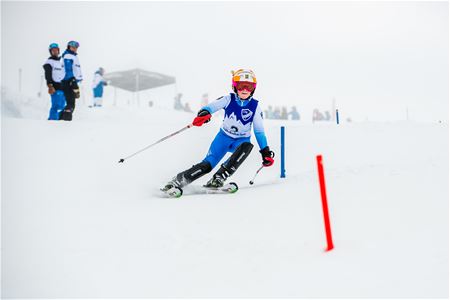 Skidåkare i tävlingskläder i slalombana, två personer i bakgrunden.