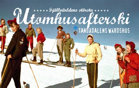Retroaffisch med skidklädda damer på skidor i backen. 