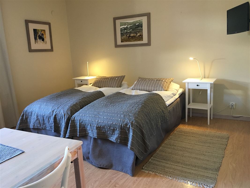 A room with a double bed.