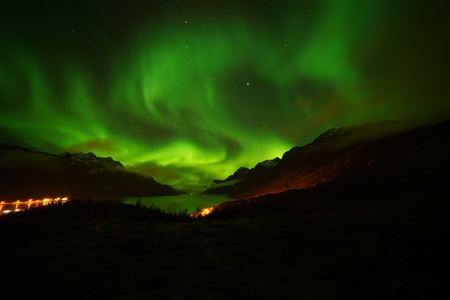 Nordlys over en fjord