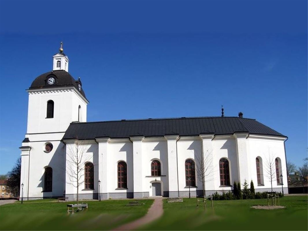 White stone church in neoclassical style.