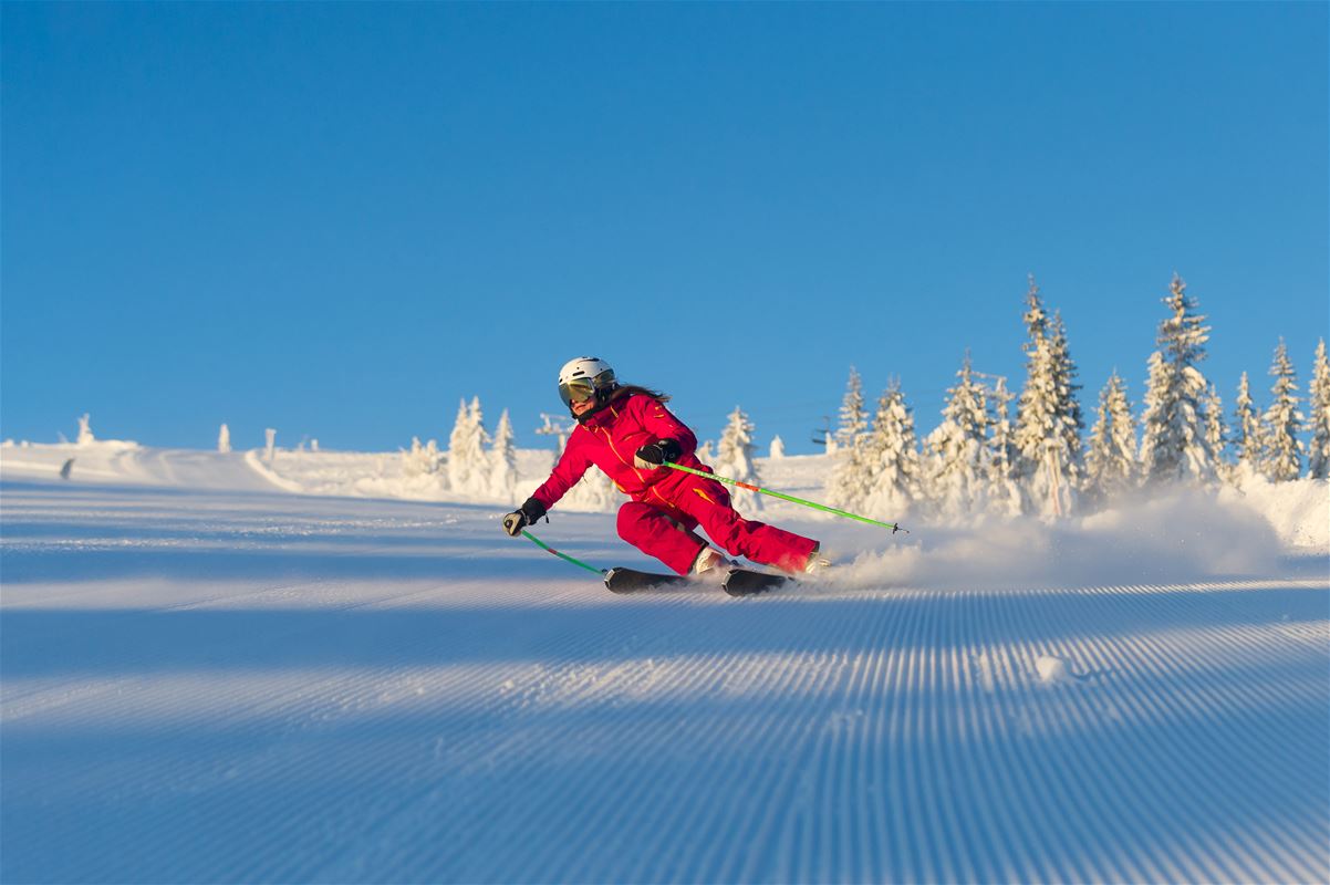 En rödklädd åkare i en slalomsväng. 