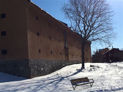 Äldre byggnad med gul putsad fasad, en bänk och ett träd i förgrunden, snö på marken och blå himmel.
