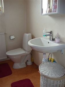 Toilet, sink and laundry basket. 