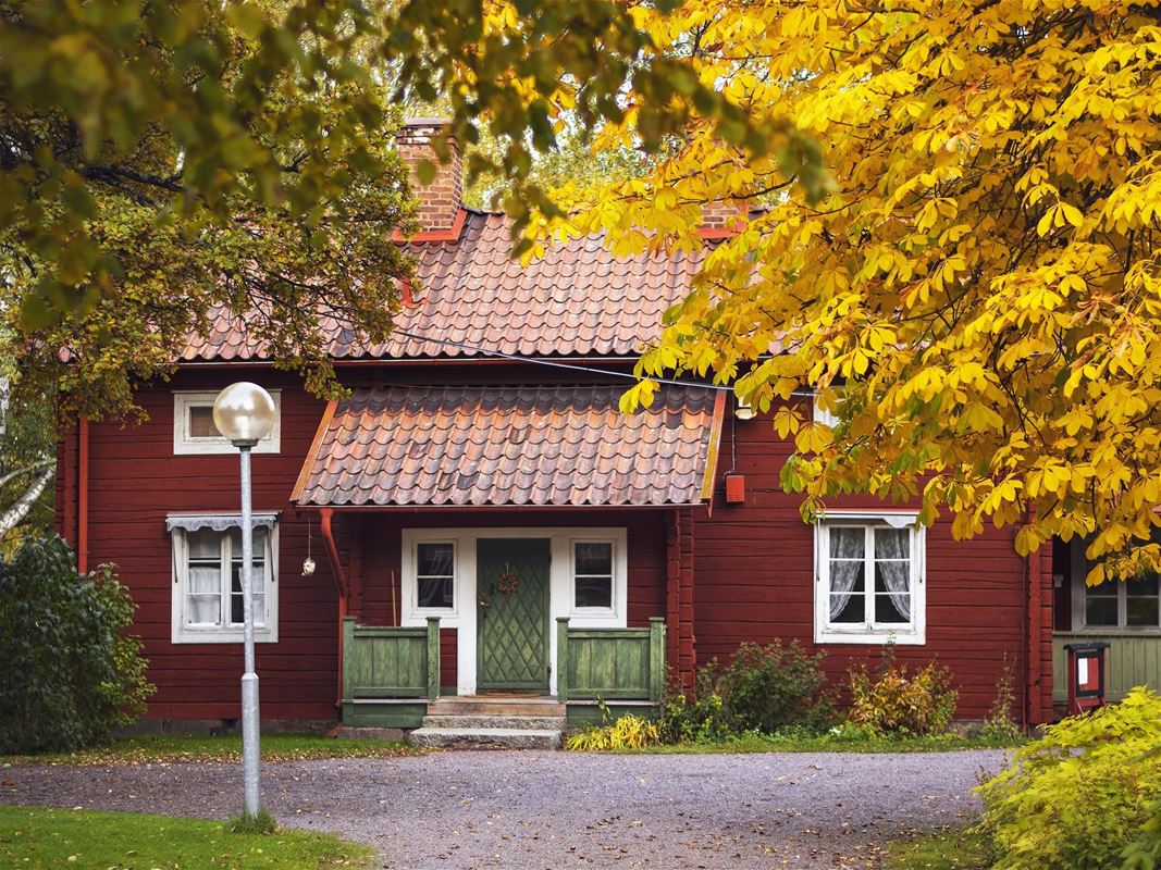 Red timber building.