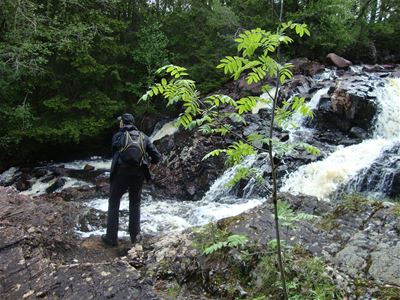 A man watching a waterfall in forest.