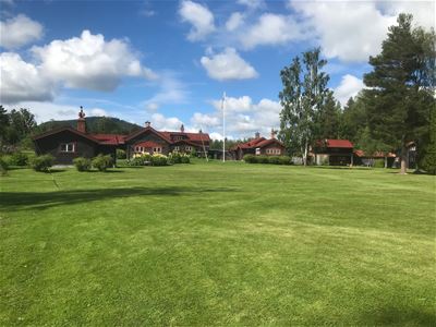 Large lawn in front of the cabins. 
