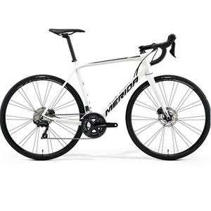 White racing bike with disk brakes.