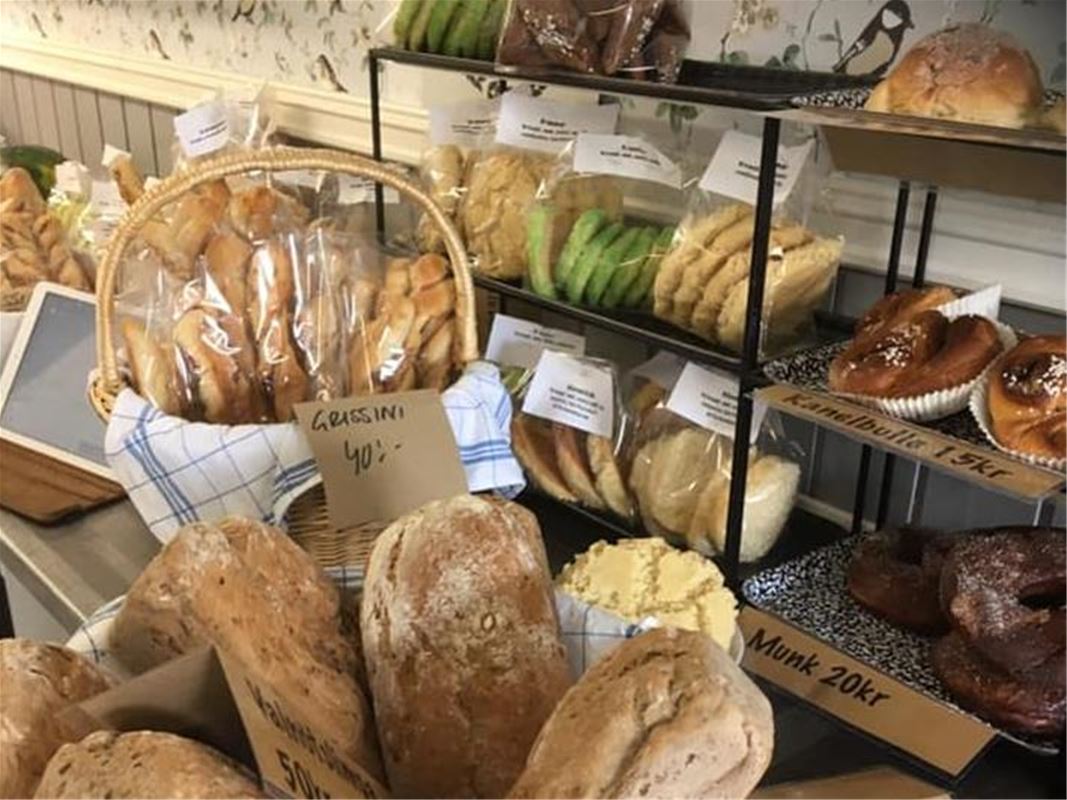 Pastries and bread on display.