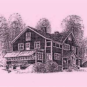 Sätergårdens Pensionat tecknad mot rosa bakgrund.