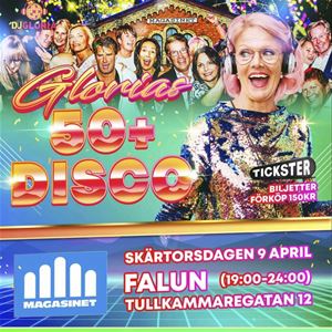 Affisch i starka färger Glorias 50+ disco, bild på en kvinna i glitterblus och hörlurar, glada människor i bakgrunden.