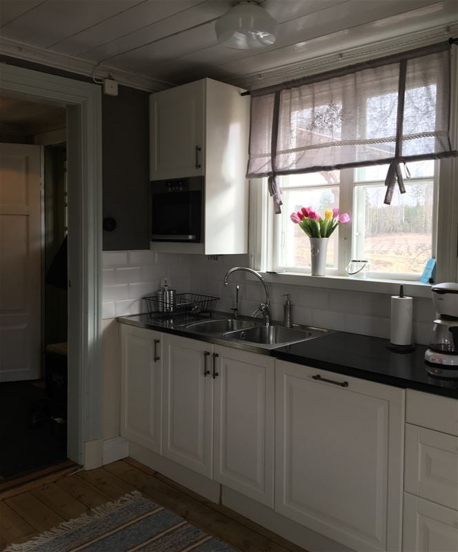 Köksbänk med fönster ovanför diskhon och mikrovägsugn inbyggd i ett överskåp.