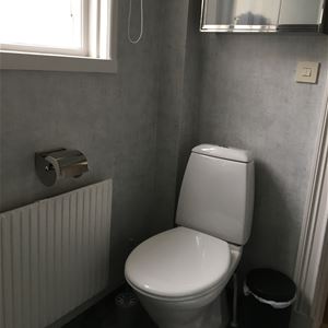 Toalettstol med ett skåp ovanför. 