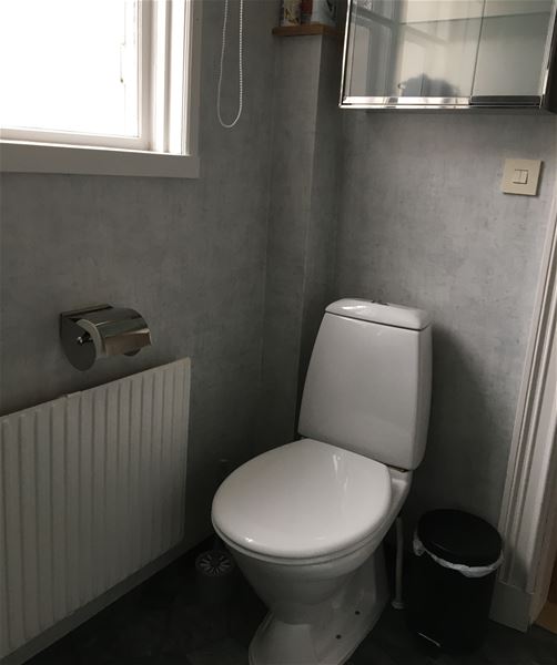 Toalettstol med ett skåp ovanför.  