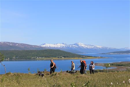 Fottur med fjell og hav i bakgrunnen