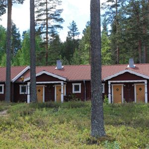 Red cabins among the trees.