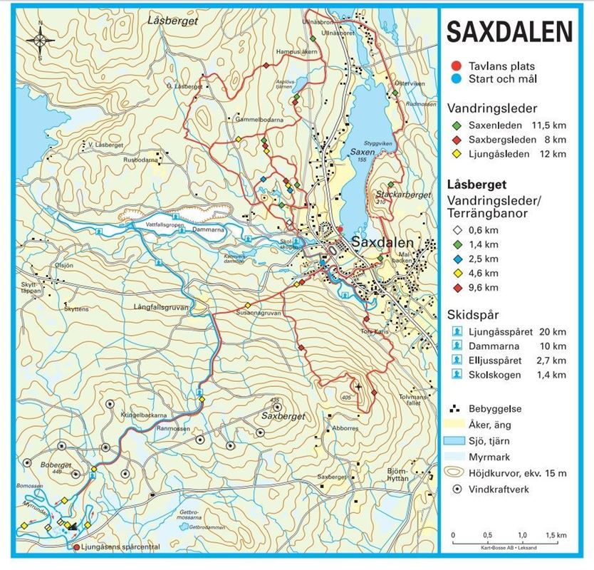 Karta över vandringslederna i Saxdalen.