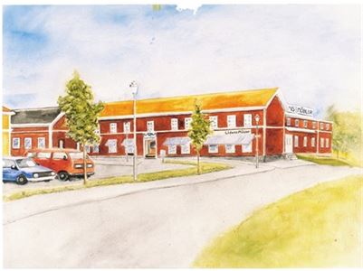 A drawing depicting a large red wooden building, a small street and a parking lot with two cars in front of the building.