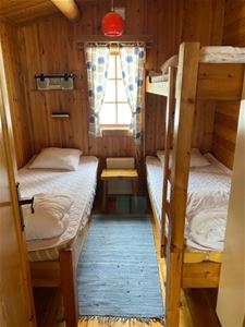 Room with a single bed and a bunk bed.