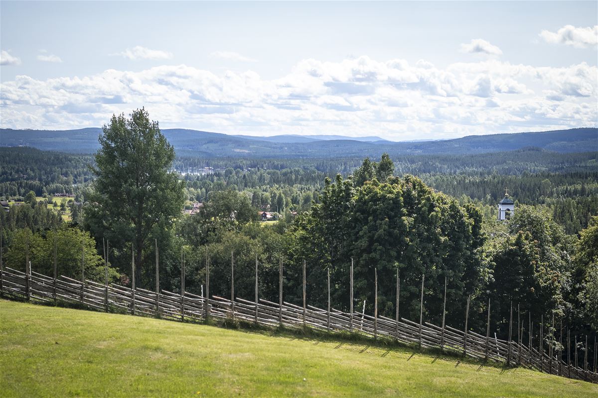 Utsikt från Dössberget, gärdesgård, grönska och blånande berg.