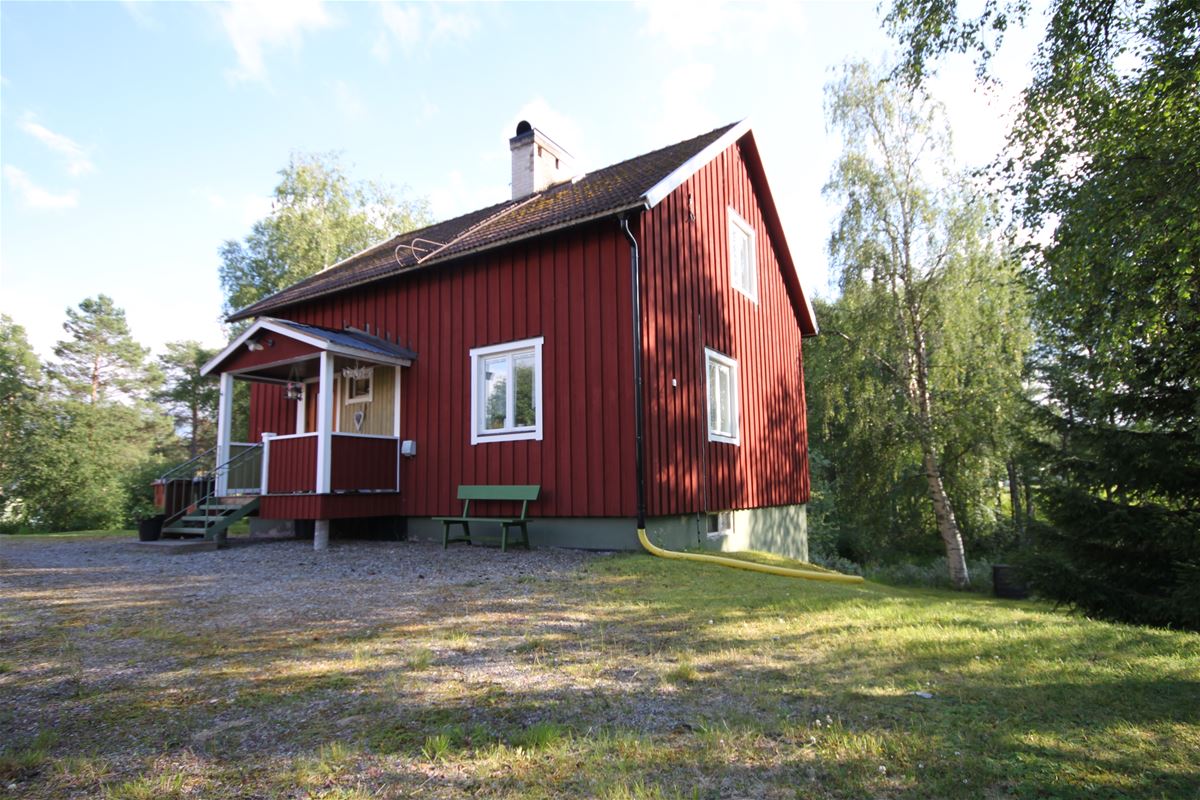 Exterior of a red painted cottage.