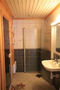 Bathroom with shower, toilet and entrance to sauna.