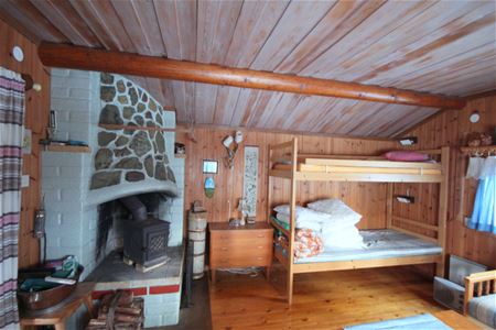 Room with a fire place and a bunk bed.