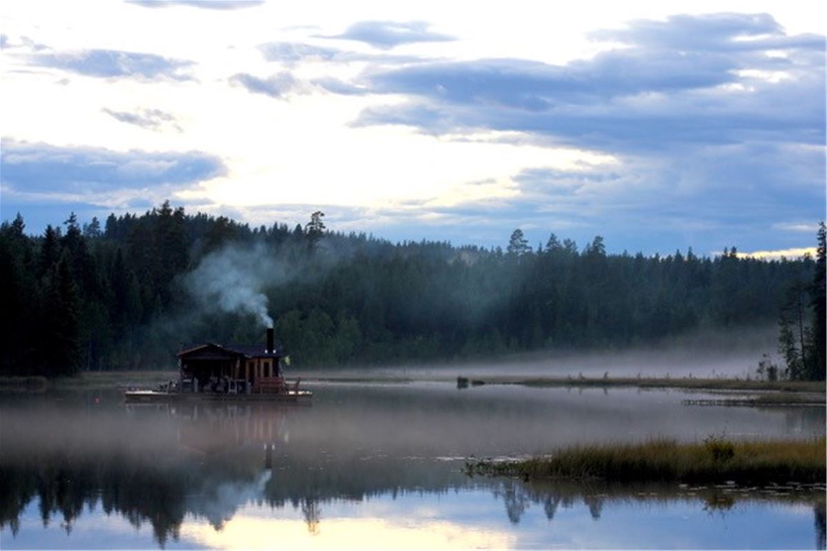 Husbåt  som glider fram på sjön i dimman.