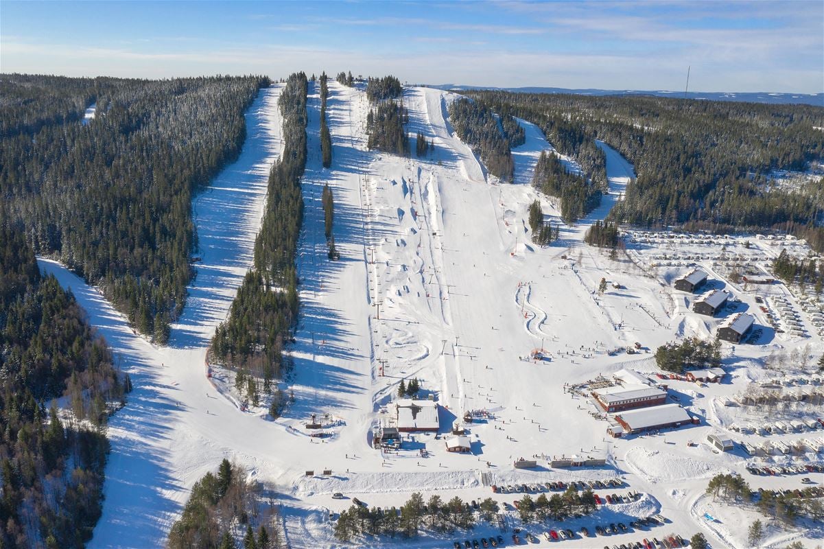 Picture taken from above of the ski slopes and the cabins for rental. from above