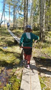A child i green sweater with a walking stick in its hand walking along a wooden walking path.