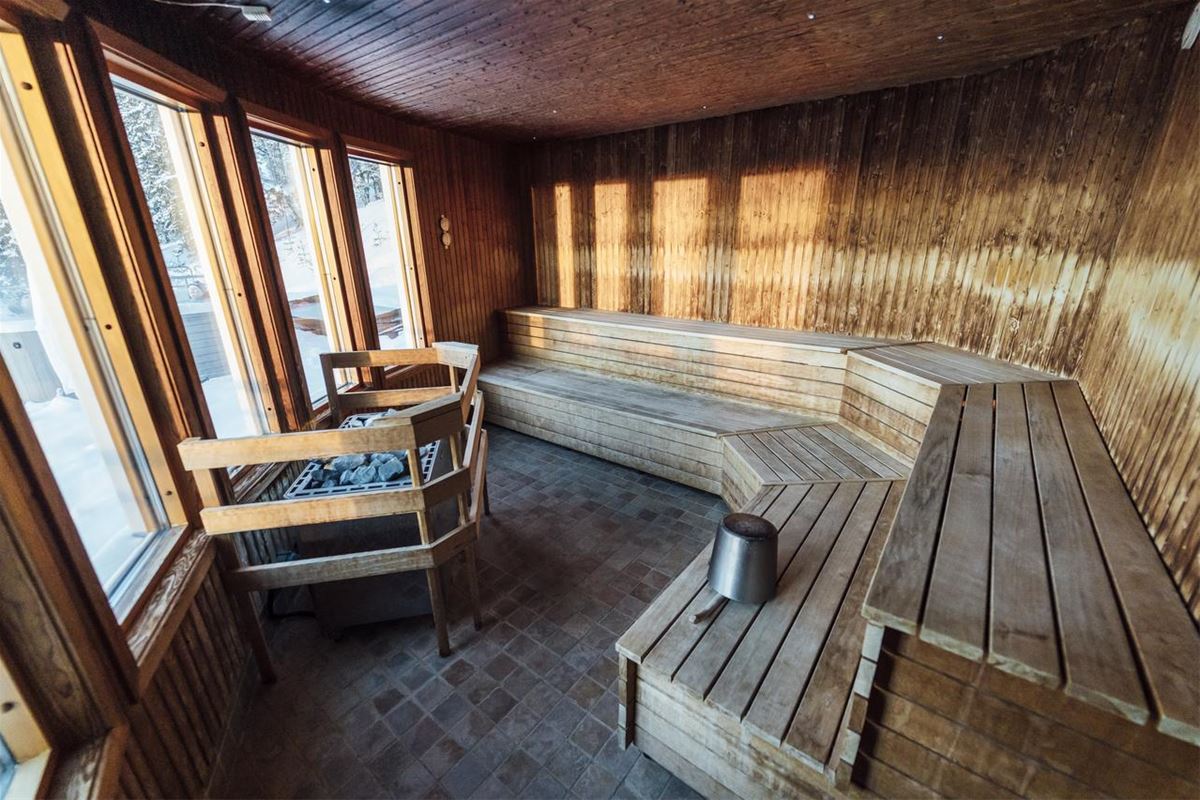 Sauna with windows.