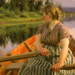 Målning av Zorn. Kvinna sitter i båt och ror. 