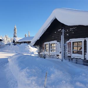 Cottage with a lot of snow around and blue sky. 