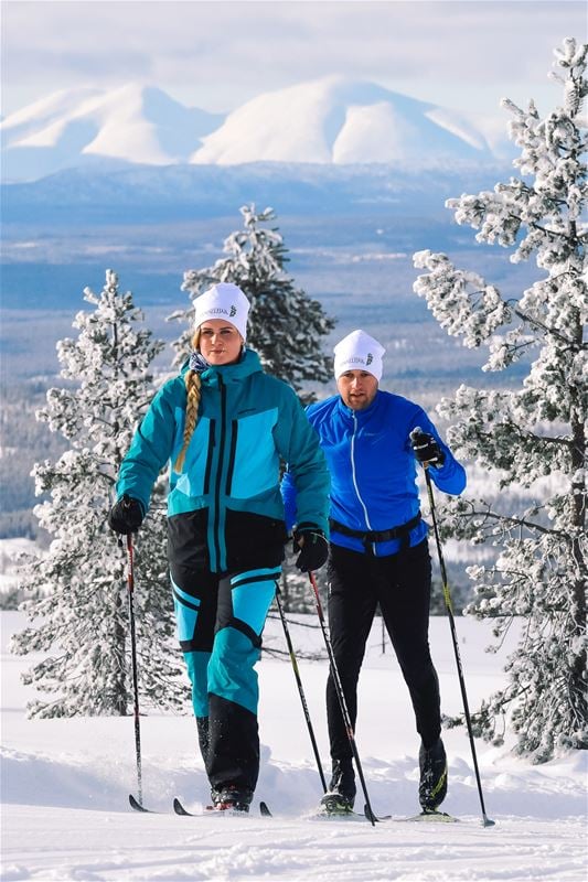 Two cross-country skiers in a winter landscape.